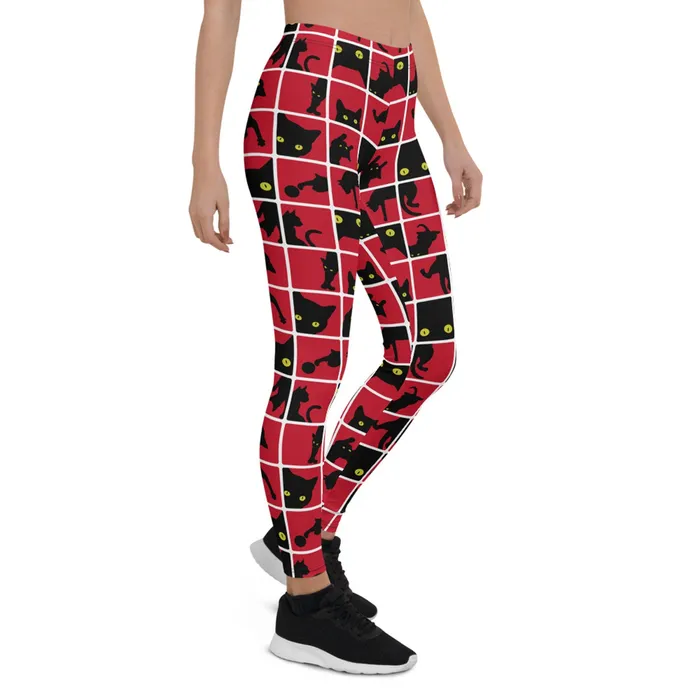 Anal | Black Cat Silhouette on Red Leggings - Maroon Sooty