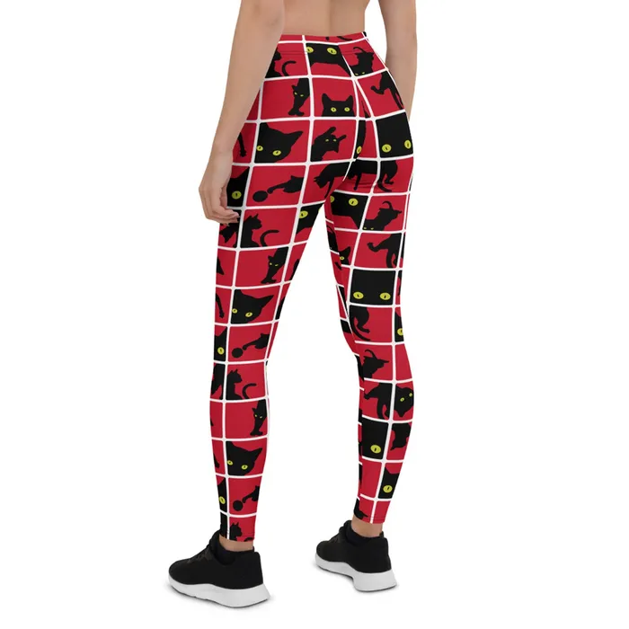 Anal | Black Cat Silhouette on Red Leggings - Maroon Sooty