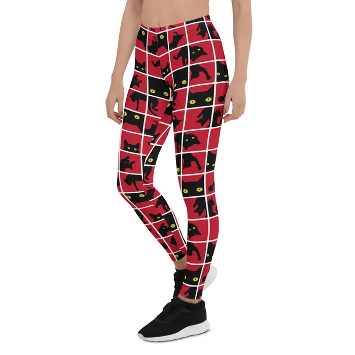 Anal | Black Cat Silhouette on Red Leggings - Maroon Sooty