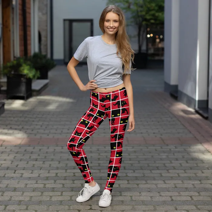 Anal | Black Cat Silhouette on Red Leggings - Maroon Sooty