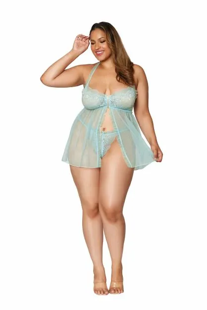 Anal | Dream Girl Lingerie (d) Stretch Lace Babydoll Set Ruffle Trim Mint Q/s